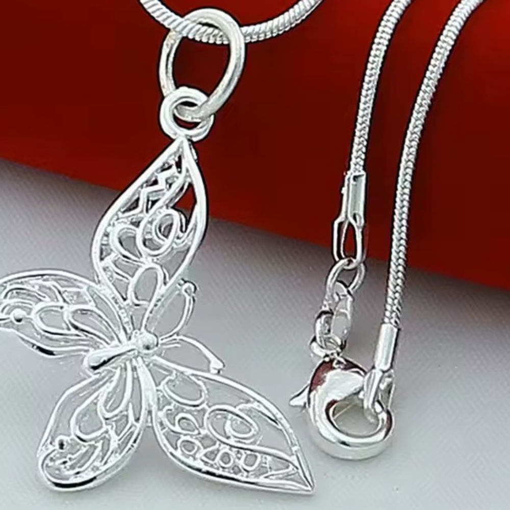 925 Sterling Silver Butterfly Pendant Necklace 18 Inch Snake Chain Jewelry